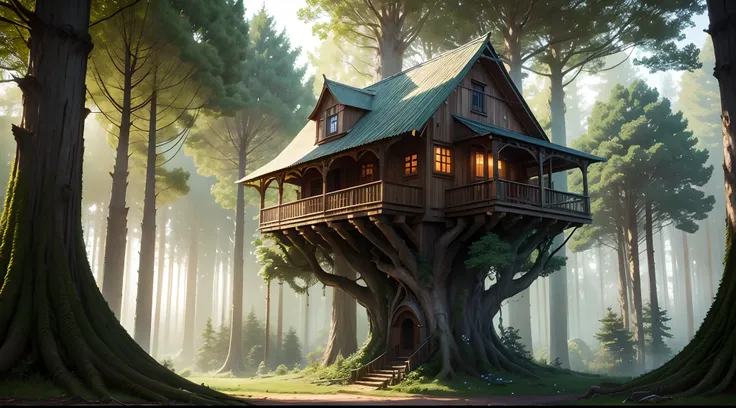 Several gigantic tree houses surrounded by nature that has regained its rights, Forests, arbres, Les fleurs dominent. (no human) (16k, Best quality, Hdr, Better resolution, Masterpiece: 1.2) , Bokeh, Realistic Photography, Canon 5d4.