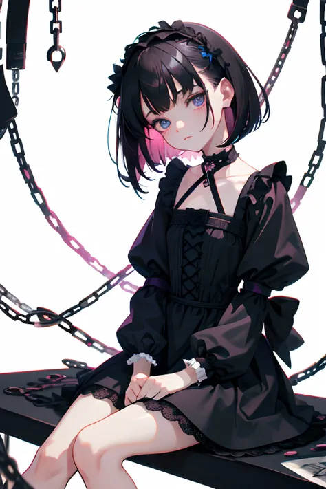 hand between legs，child，（​masterpiece，Highest Quality），shortsleeves，Magenta Gothic Lolita，Sleepy face，A dark-haired，Medium bob，utility knife，Small scissors，Artistically