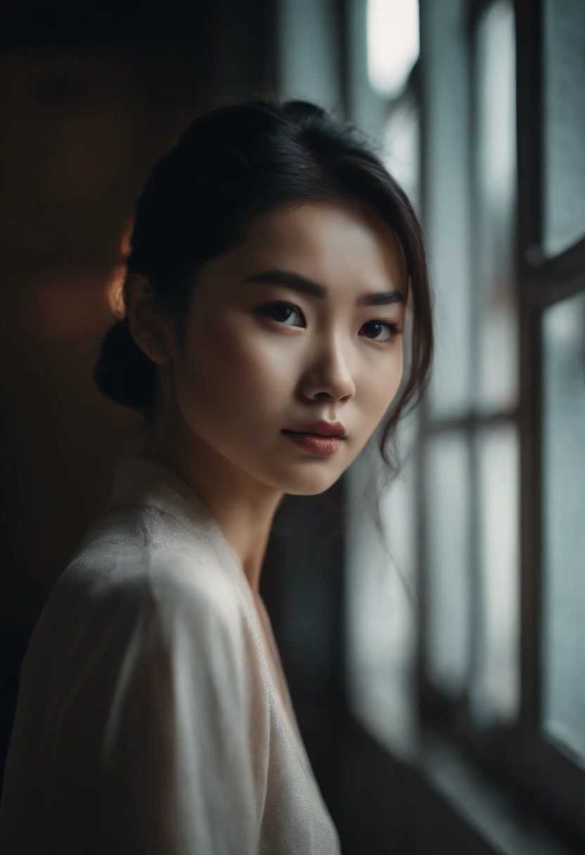 Asian girl, Extremely beautiful face，Elaborate Eyes，Sadness，Dance studio，the rule of thirds, Tonal color scheme