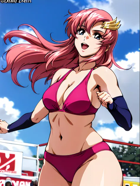 (masterpiece, upper body view, 4K, Best Quality, Anime style: 1.9,, Adult Woman, ultra detailed face, (cloud background, wrestling), Drawing lines, high resolution, Anime, lacus4), 1girl, Solo, curvy figure, Long hair, 鎖骨, scapular, (Detailed wide hair ban...