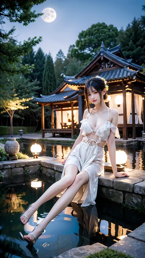 (Best quality,A high resolution,Masterpiece:1.2),(Ultra-detailed,Realistic:1.37)，Private garden，There is an ancient pavilion in the middle of the pond，Stone bridge connection，The back of a fairy girl，Look up at the moon，Delicate side face，Glowing full moon...