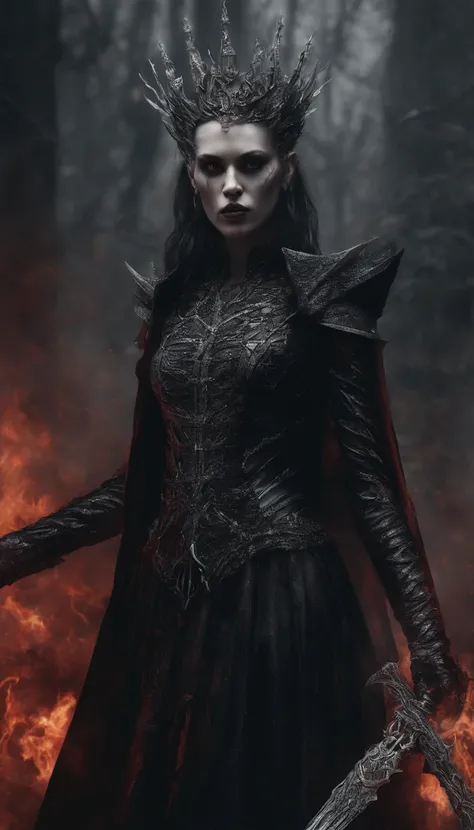 Hela, Deusa da morte, nordic mythology, Scarlet witch with a tiara with several blades on her head, Colar de caveiras, Usando um vestido feito com caveiras e laminas, Arte em estilo Guviz, Ross Tran 8 K, uma bela imperatriz fantasia, 8k arte detalhada de a...