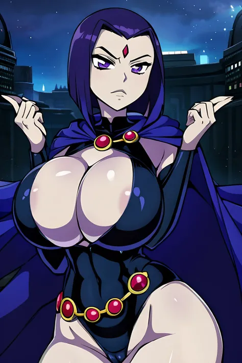 Teen titans, Raven, anime, masterpiece, 1girl, ((bimbo))), purple eyes, short purple hair, wide hips, thick thigh, big breast, huge ass, shiny skin, black suit, blue cloak, posing, hand signs