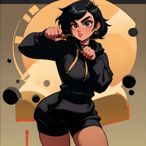 (1woman), (solo), young woman, 20s, (high quality), (high detailed), tomboy, tall height, buffed, plump, short black hair, nose piercing, black hoodie, brass knuckles