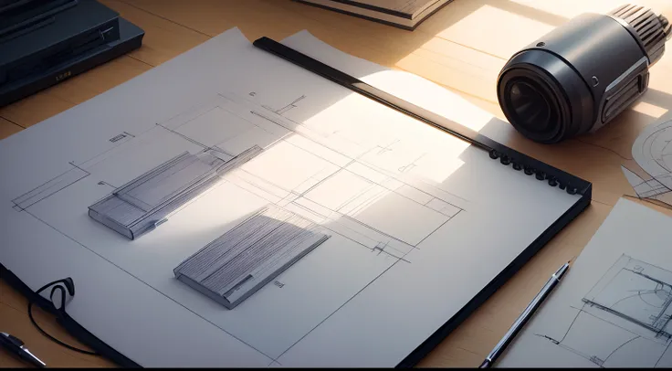 ((melhor qualidade)), ((cinematic light effect)), ((Technical Drawing)), Half of the image is a work desk with technical drawings and rulers scattered around and a notebook, One of the drawings should be the sketch of an industrial robot for automotive ass...