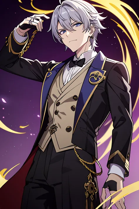 He had light bloonde Messy hair, blue eyes, medium build, wearing Zhonglis attire is elegant and form-fitting, consisting of a beige dress shirt, a brown and amber waistcoat, slim black trousers, black dress boots, and black gloves with twin silver archer ...