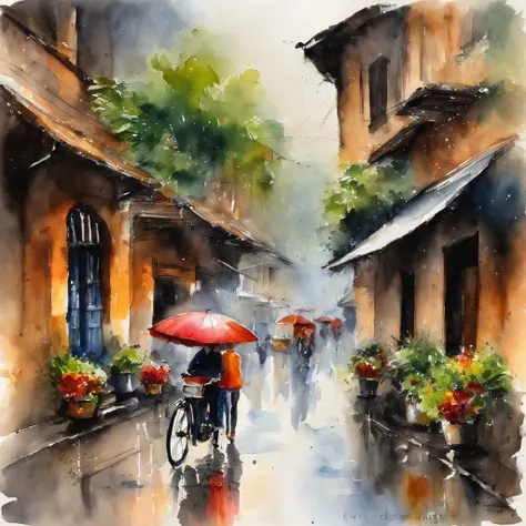 on the road in Hanoi, Vietnam, Der Regen kommt, Search for buildings, to protect yourself from the rain