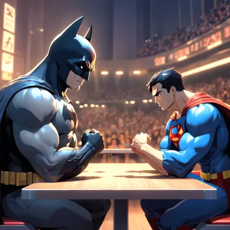 a perfect art of Batman betting arm-wrestling with Superman, serious expressions, well-defined muscles, Sombras realistas, incredible details, perfect hands.