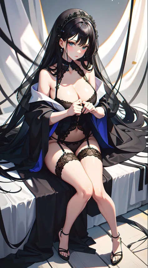 a beauti，clean black hair，Wear no-hanging blue lace lingerie，Big chest，Exposing thighs，Perfect hands，is shy，seductiv