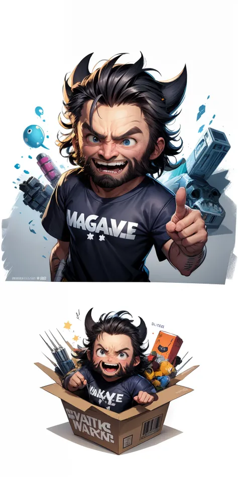 design t-shirt graphic, cute cartoon Wolverine marvel, full white, kids style, white background, Sketch style, playful style, bones, out of the box