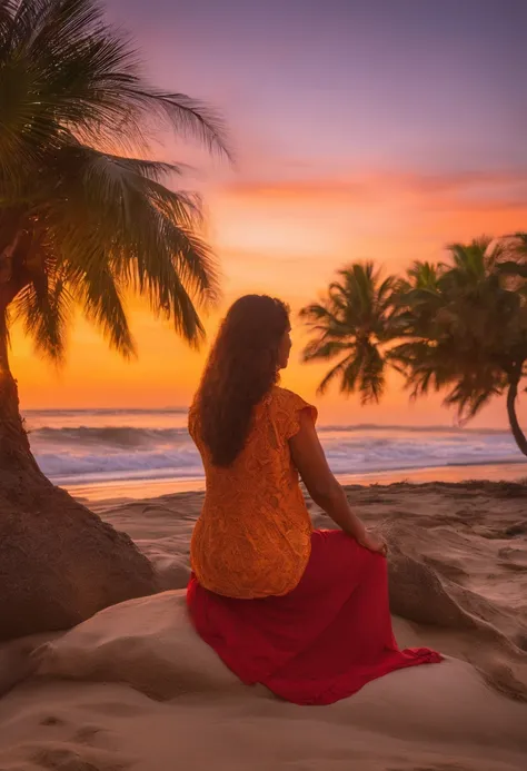 mulher meditando na praia vendo o por do sol