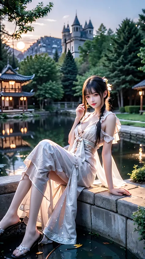 (Best quality,A high resolution,Masterpiece:1.2),(Ultra-detailed,Realistic:1.37)，At night，Private garden，There is an ancient pavilion in the middle of the pond，Stone bridge connection，The back of a fairy，Hanfu，Look up at the moon，Delicate side face，Glowing...