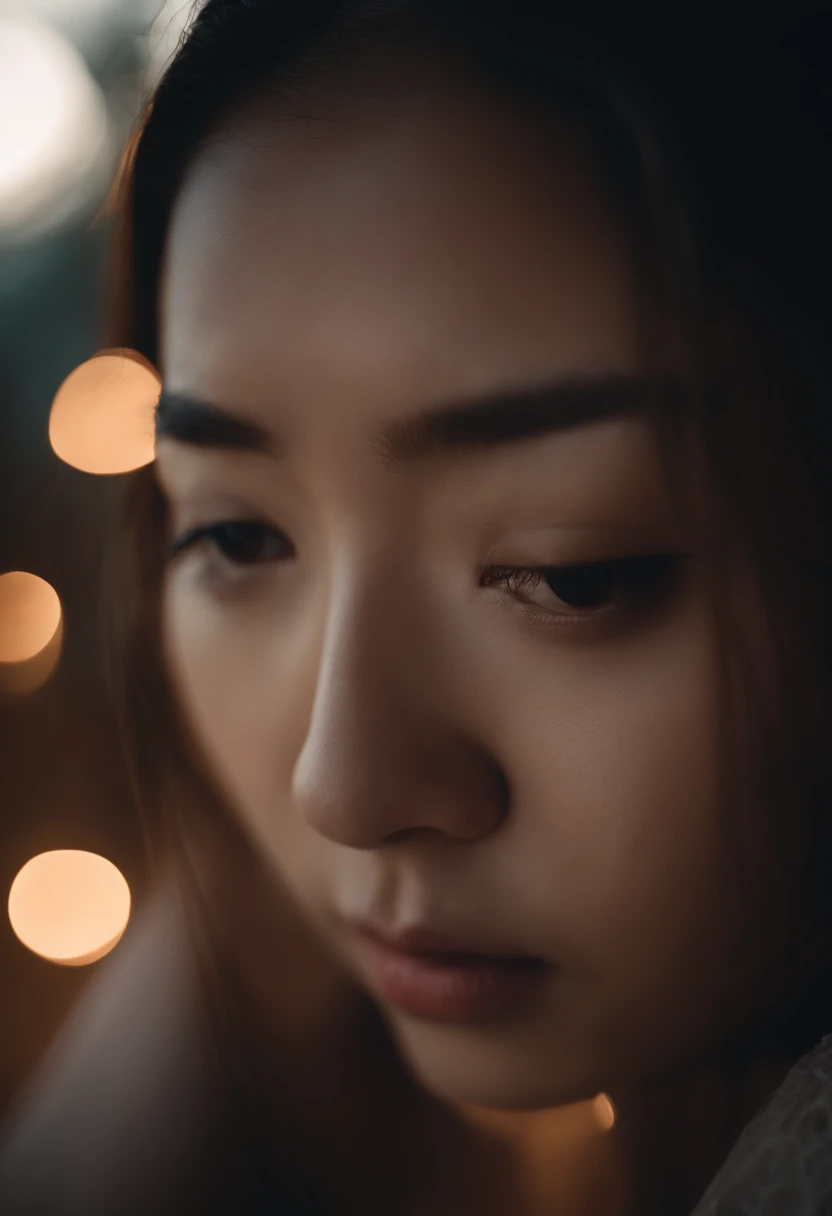 Asian girl, Extremely beautiful face，Elaborate Eyes，Fold your hands on your knees，low head，weeping，sadness，bonfires，the rule of thirds, Tonal color scheme