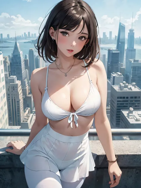 girl in summer clothes, white short, pantyhose, making like she wants to kiss you, view from viewer, medium breasts, cleavage, cityscape, flirtatious look, ((very detailed)), (perfectly detailed face), (well detailed hand) photorealistic image.