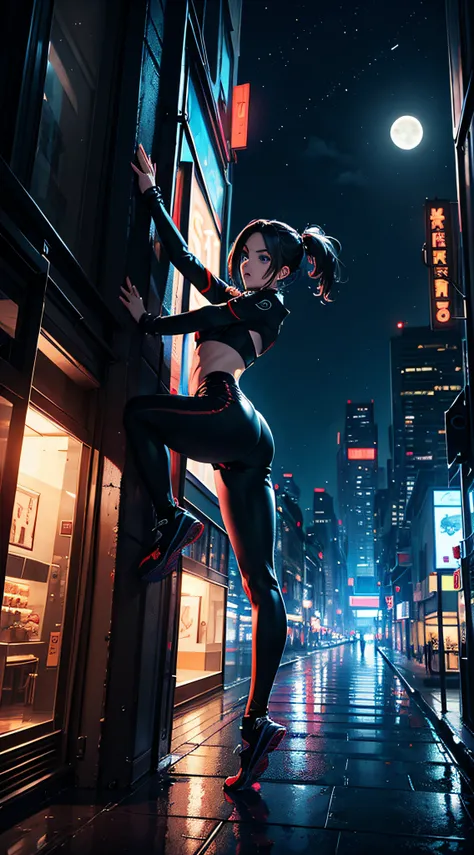 beautiful hyper modern female ninja, with futuristic tight legging, climbing holding on the wall of a skyscraper, seen from the ground, at night, panorama shot, dynamic pose, blue eyes, seductive look, rim lighting, ray tracing, streets background at night...