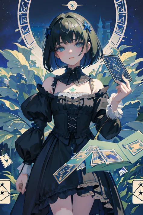 child，（​masterpiece，Highest Quality），Blue-green Gothic Lolita，A dark-haired，Medium bob，Aurora，starrysky，dark clouds, Night, (Impressionism:1.4), (tarot:1.3), Alphonse Mucha