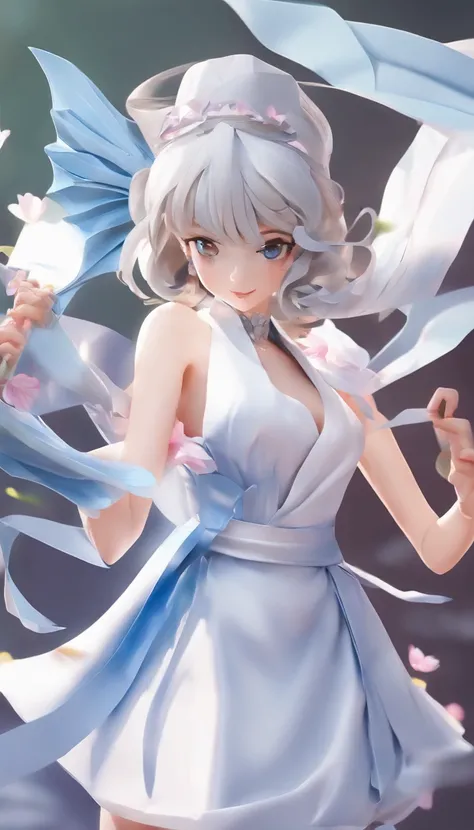 (Best quality, Ultra-detailed, photo-realistic:1.37), Silver-haired woman, Fantastic blue eyes, Happy woman beating eggs with chopsticks, Soft lighting, pink apron, illustration, bangs, Flowing hair, Gentle breeze, Shiny hair, Thick egg whites, Close-up of...