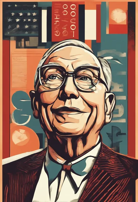 Charlie Mungers speech poster, Charlie Munger sat solemnly, Medium shot, Pop art, Vintage, symetry