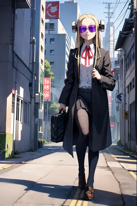 madaraki_fran, cyberpunk, cyberpunk sunglassess, walking on the street, high school uniform