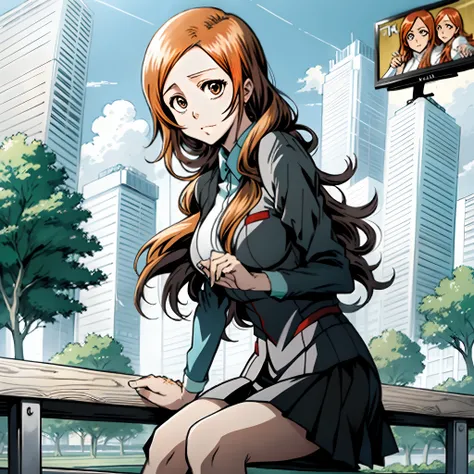 Orihime innoue from "Bleach" Anime, sitting on a park bench, black skirt, Tv Tokyo Animation, Tite Kubo style, Bleach Anime art, (masterpiece), (1girl), (8K), (High Quality)