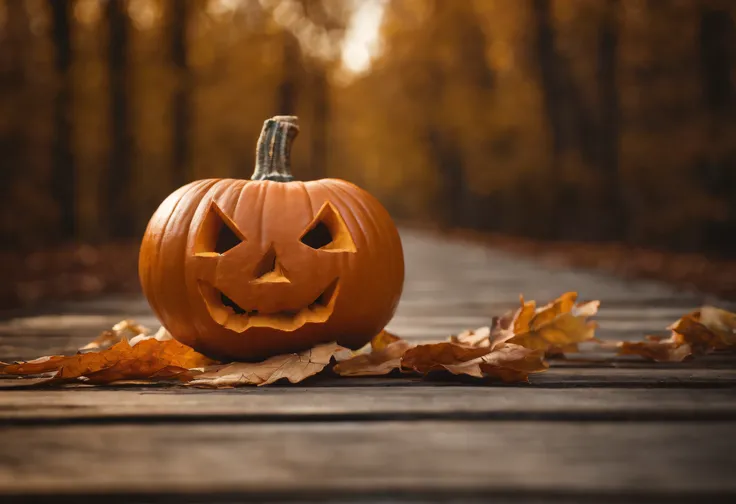 Scary Halloween pumpkin on wooden planks