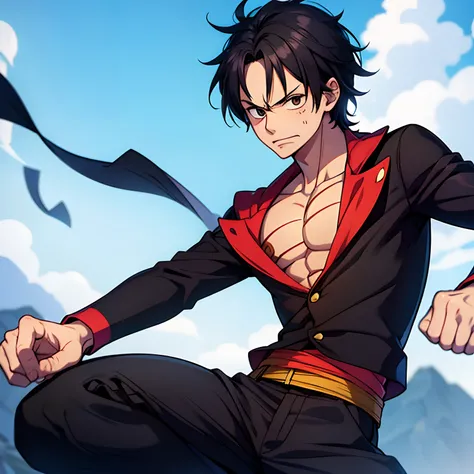 1boy, Luffy, black suit, dynamic pose