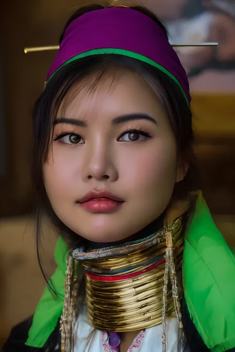 a close up of a woman wearing a neck piece and a headband, traditional beauty, south east asian with round face, asian face, 50mm portrait, asian woman, oriental face, 7 0 mm portrait, an asian woman, close - up portrait shot, 60mm portrait, traditional ma...