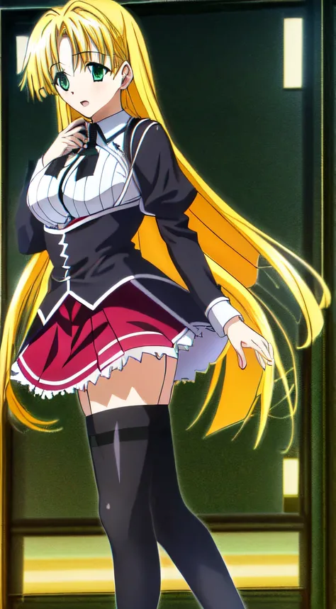 masterpiece, best quality, ultra-detailed, hires, beautiful, detailed hair and eyes, 1girl, long hair, green eyes, asia argento dxd, blonde hair, small breasts,  (dxd clothes:1.6), school uniform, skirt, white shirt, black boots, red skirt, black corset,, ...