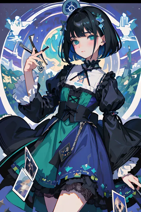 hand between legs，child，（​masterpiece，Highest Quality），shortsleeves，Blue-green Gothic Lolita，Sleepy face，A dark-haired，Medium bob，flipped hair，utility knife，Small scissors，Pasture，Aurora，starrysky，dark clouds, Night, (Impressionism:1.4), (tarot:1.3), Alpho...