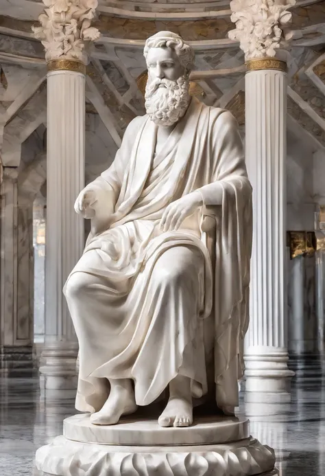 White marble statue full body wise man with the style of bearded Greek philosopher in museum. atmosfera escura, alto contraste de luz e sombra, fotografia profissional, utrarealista, light volumetric, cinemactic