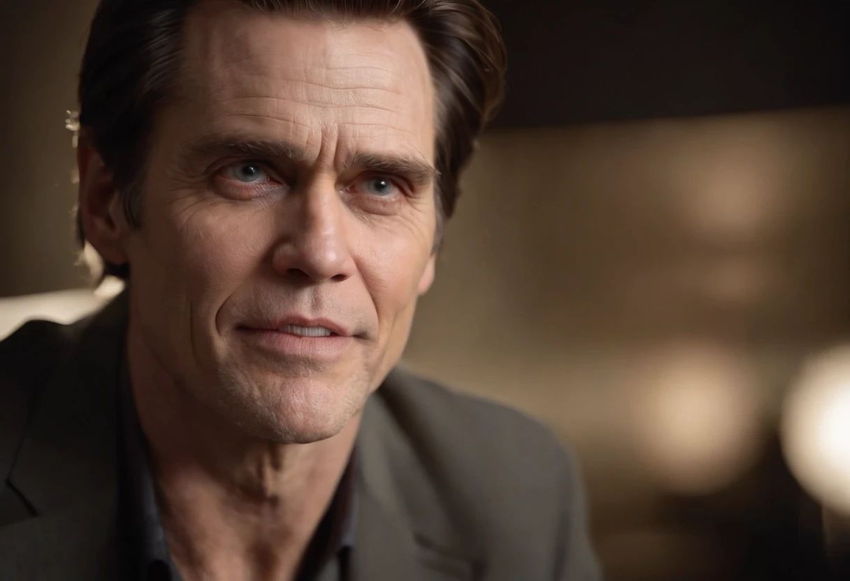 jim carrey, ultra realista, ator jim carrey, cara de mal, dialogo com deus, ambiente sombrio, falando com deus, muito realista, cena de cinema, face de medo, crying expression, jim carrey, filme todo poderoso