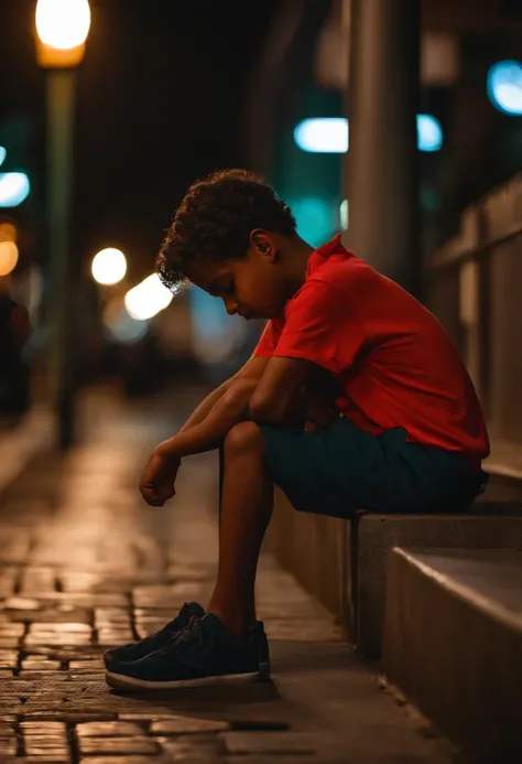 Boy sitting on the sidewalk with his head between his knees,triste cidade a noite,8k