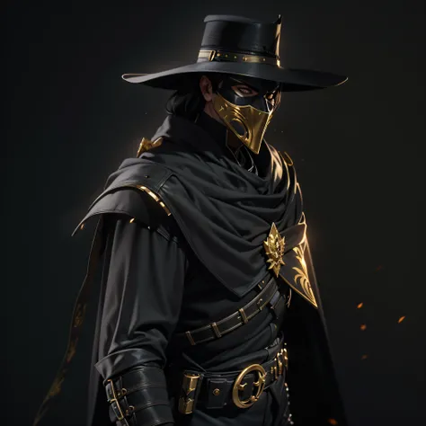 "Zorro is an iconic and mysterious hero with his tight black costume, gold details and a black mask. photo-realistic, octane render, unreal engine, ultra-realistic