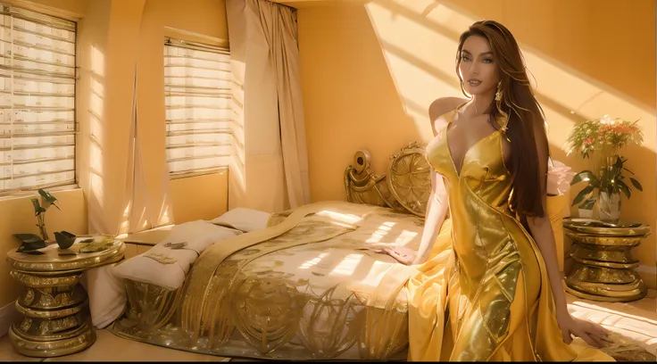 badashanren squishing Venezuelan female supermodel, long hair, pastel yellow gown, tight, undersized upper body portrait, large natural breasts, hyperrealism, highly detailed feminine bedroom background,sunlight ,