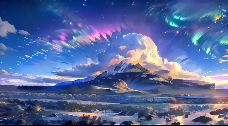 a mountainous landscape during the night. Aurora borealis in the sky, perfect lighting, highly detailed, surreal, colorful