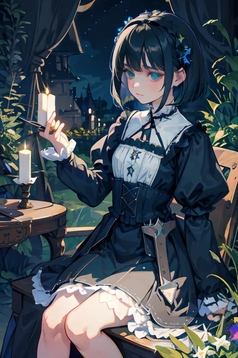 Knees，hand between legs，child，（​masterpiece，Highest Quality），shortsleeves，Blue-green Gothic Lolita，Sleepy face，A dark-haired，Medium bob，utility knife，Small scissors，Pasture，Aurora，starrysky，dark clouds, Night, (Impressionism:1.4), , Alphonse Mucha