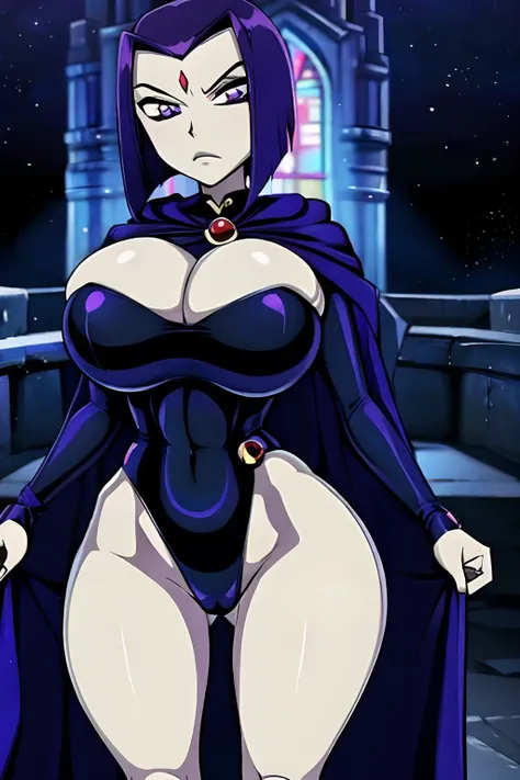 Teen titans, Raven, anime, masterpiece, 1girl, ((bimbo))), purple eyes, short purple hair, wide hips, thick thigh, big breast, huge ass, shiny skin, black suit, blue cloak, Cleavage,