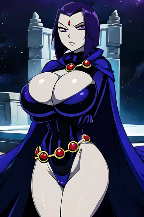 Teen titans, Raven, anime, masterpiece, 1girl, ((bimbo))), purple eyes, short purple hair, wide hips, thick thigh, big breast, huge ass, shiny skin, black suit, blue cloak, Cleavage, crossed arms