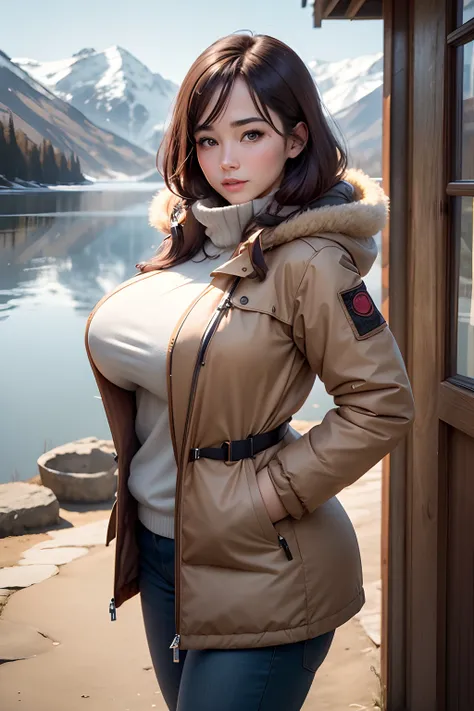 Make a woman with big breast, Brown long winterjacket , with open zipper, with face, body, Lakeside house, travel bag, dog Nude