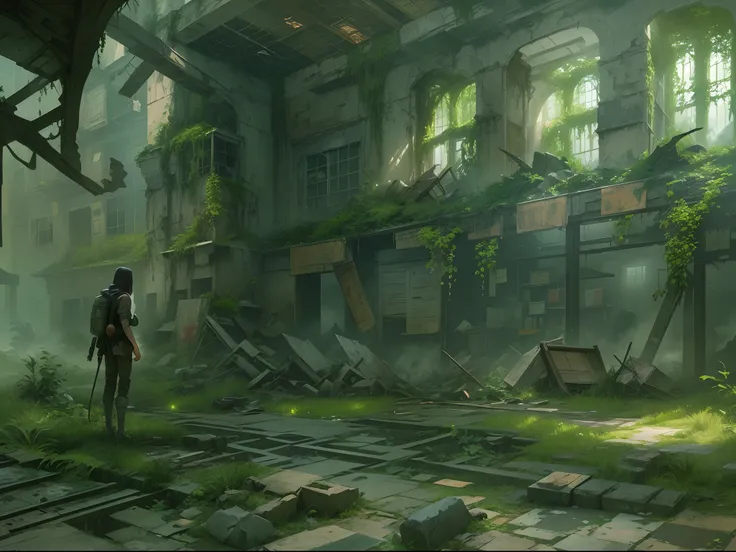 Concept art for a post-apocalyptic world with ruins, overgrown vegetation, and a lone survivor