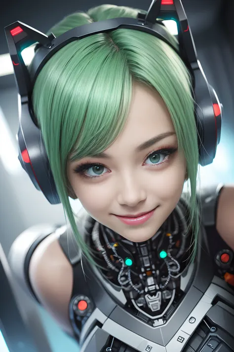 8k portrait of a Robotic Woman perfect smile green eyes looking to the camera --auto --s2