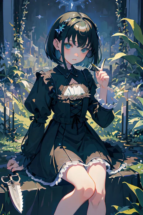 Knees，hand between legs，child，（​masterpiece，Highest Quality），shortsleeves，Blue-green Gothic Lolita，Sleepy face，A dark-haired，Medium bob，utility knife，Small scissors，Pasture，Aurora，starrysky，dark clouds, Night, (Impressionism:1.4), , Alphonse Mucha，tarot