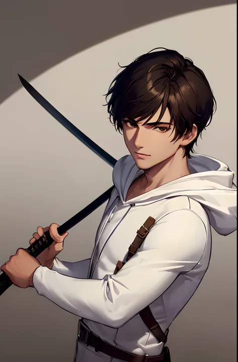 kk, best quality, more details, masterpiece, 1boy, male focus, solo, brown background, Moonlight, holding a katana, white hooded suit, brown eyes, short hair, black hair, smile, Looking at viewer, Luxury, 8k, Detail, ray tracing, Depth of field, Cinematic ...