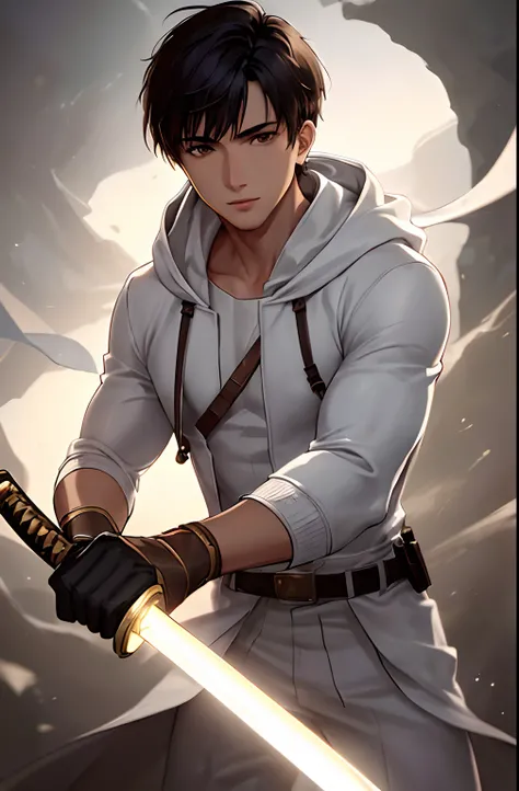 kk, best quality, more details, masterpiece, 1boy, male focus, solo, brown background, Moonlight, holding a katana, white hooded suit, brown eyes, short hair, black hair, smile, Looking at viewer, Luxury, 8k, Detail, ray tracing, Depth of field, Cinematic ...