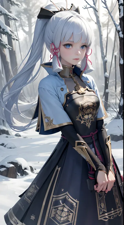 Masterpiece, Best quality, 1girl, White hair, Innocent, Blue eyes, full bodyesbian, arms back behind, sky, forest, Serious look, winter, blizzard