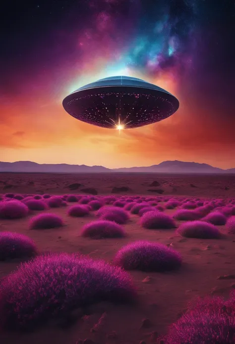 A strange man, A spaceship in the shape of black sunflower seeds lands, On an alien desert planet with many oases, Every step he took erupted with colorful light and sound shockwaves。, Aliens greet him, Fluffy clouds colored by magenta, blue and purple dus...