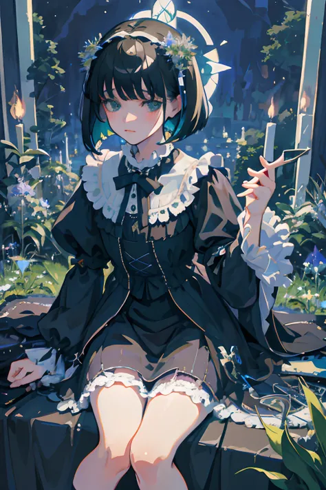 Knees，hand between legs，child，（​masterpiece，Highest Quality），shortsleeves，Blue-green Gothic Lolita，Sleepy face，A dark-haired，Medium bob，utility knife，Small scissors，Pasture，Aurora，starrysky，dark clouds, Night, (Impressionism:1.4), , Alphonse Mucha，tarot