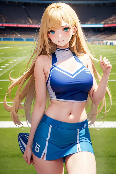 young girl 18 years old cheerleader, dressed in blue and white, blonde girl with green eyes, long hair, sensual style, on an American football field