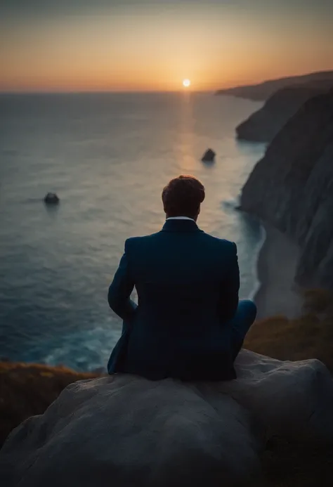 napoleon on a cliff next to ocean looking at the sunset while sitting on a rock