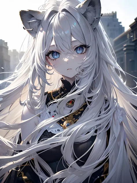 (masterpiece, best quality, ultra high resolution),1girl, grey hair,(mane, extremely long hair, very curly hair),lion ears,lion ...